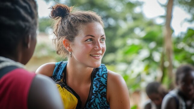 Smiling young female in group setting with backpack outdoors