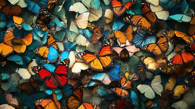 Colorful butterfly collection displayed on wooden background