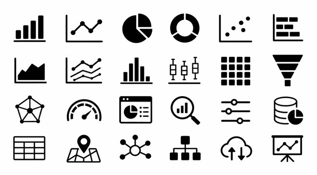 Collection of black data and business icons set.