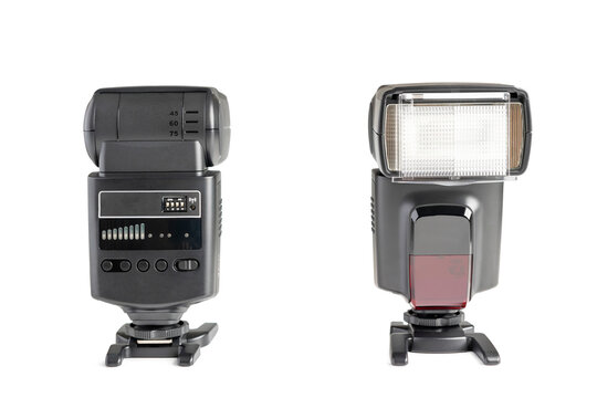 Two external camera speedlight flash units shown from the back and front views, isolated on a white background. Professional photography lighting equipment setup.