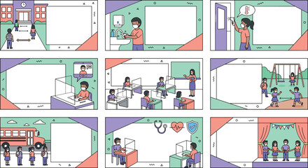 Fototapeta premium School Safety Rules Comic Panel Template Set with Handwashing Temperature Check Classroom Plastic Shields and Transit Layouts for Educational Graphic Designs