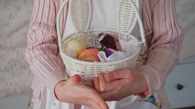 Caucasian Kid Girl Holding Traditional Polish Easter Basket Swieconka for Food Blessing on Holy Saturday Church Service