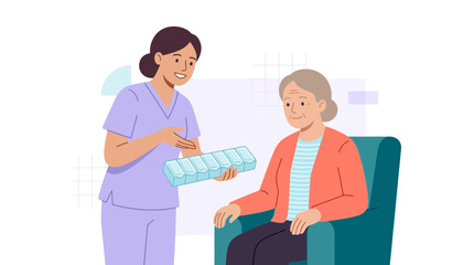 Fototapeta premium Nurse teaching elderly patient about medication and pill organizer, healthcare and support concept