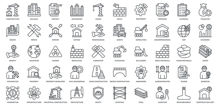 Construction Icon Set. Containing building, project, repair, contractor, property, industrial, architecture Icon. Simple Black Outline Vector 