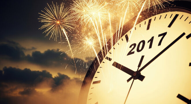 Clock showing 2017 close to midnight with fireworks exploding in dark sky during New Year countdown celebration bright sparks glowing night sky dramatic clouds.
