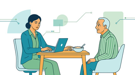 Fototapeta premium Healthcare professional advises senior man on nutrition and diet in a hospital setting, using technology for consultation.