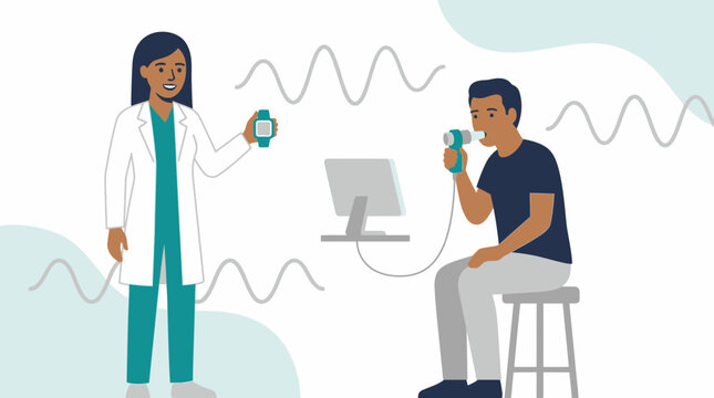 Nurse conducts pulmonary function test on patient using spirometer and smartwatch