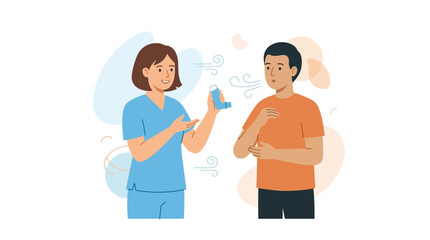 Fototapeta premium Nurse teaching patient how to use an inhaler for asthma management - medical illustration