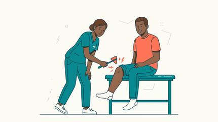 Fototapeta premium Nurse tests patient's knee reflex with reflex hammer, medical checkup illustration