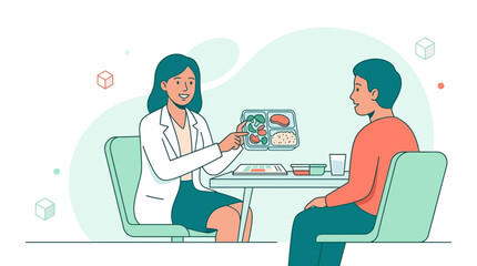 Fototapeta premium Nutritionist advises patient on healthy eating, showing meal prep tray with balanced diet components.