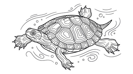 Sea turtle swimming in ocean line art © diki