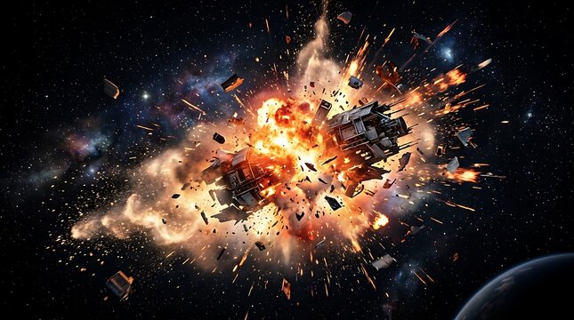 Large spaceship exploding in deep outer space with bright orange fire and flying metal debris parts