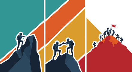 Fototapeta premium Achievement and Team Collaboration Climbing to the Peak