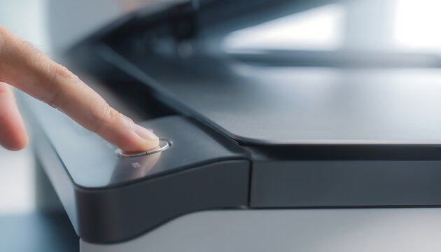 A close up view of a person pressing the start button on an office printer.