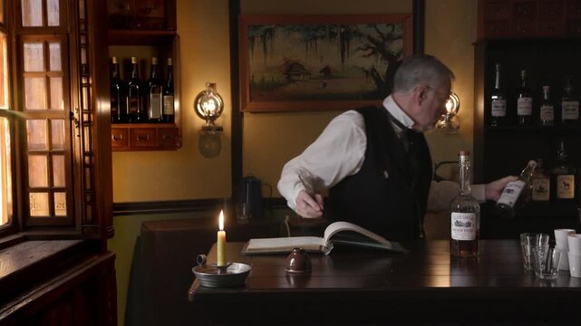 Saloon keeper taking inventory of alcohol