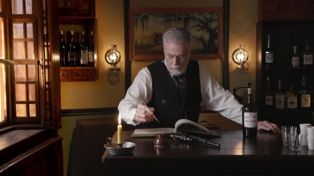 Saloon Keeper lays pistol down on bar