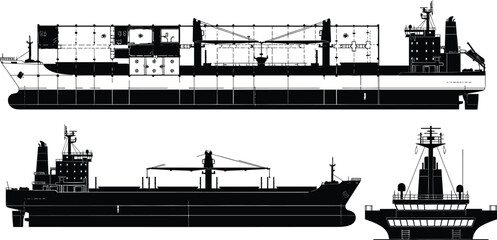 Obraz premium Technical cargo ship drawings with sectional side view, full profile, and front bow illustration for maritime engineering design