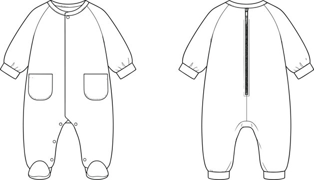 Technical flat sketch of baby onesie, front and back views with snap buttons, zipper, patch pockets, and enclosed feet