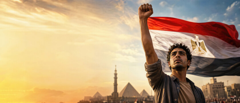 Young Egyptian man raising fist with national flag at sunset in Cairo. Concept of national pride, freedom and independence during Revolution Day. Banner with copy space