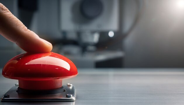 A finger pressing a large red emergency stop button in an industrial setting.