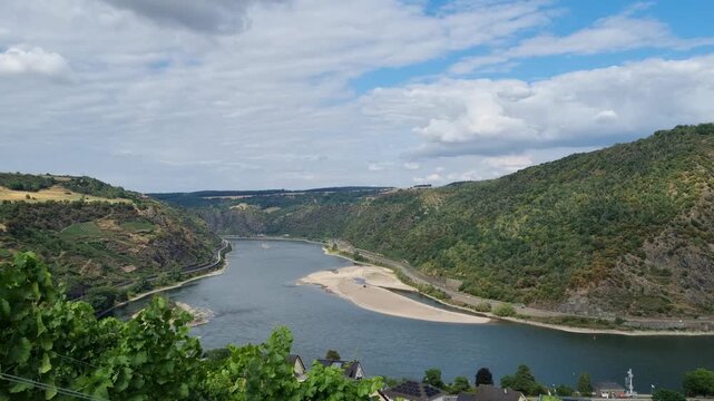 Oberwesel, Rhineland-Palatinate, Germany &ndash; Panoramic view over the Rhine River and surrounding vineyards in the Upper Middle Rhine Valley