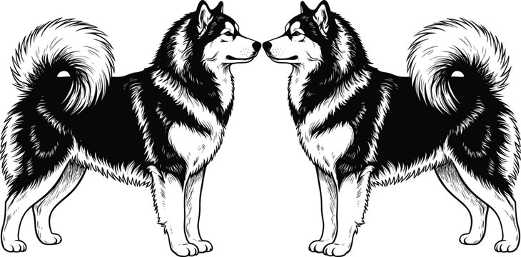 Symmetrical black and white illustration of two Alaskan Malamute dogs facing each other with thick fur, curled tails, and strong build, perfect for animal design purposes