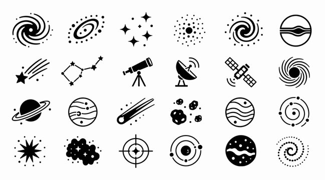Black and white space and astronomy icons collection.