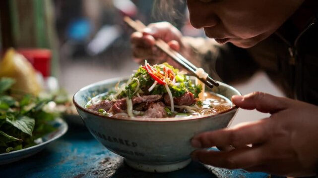 Delicious bowl of steaming pho served with fresh herbs and vibrant toppings, enjoyed by a person with chopsticks in a lively street setting, inviting viewers to savor the moment.