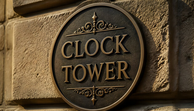 Antique Bronze Plaque Sign Reading Clock Tower on Stone Wal