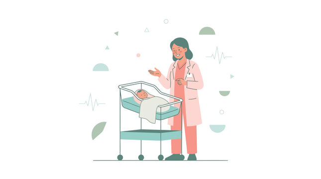 Friendly pharmacist or doctor counseling by baby bassinet, modern illustration style with pastel colors and abstract shapes