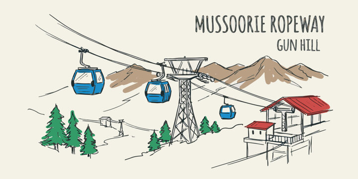 Mussoorie Ropeway Uttarakhand Sketch Vector