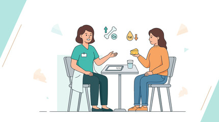 Fototapeta premium Nutritionist consults patient, discussing diet, calcium, and fat intake for bone health and weight management.