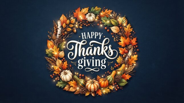 Festive thanksgiving day wreath autumn leaves pumpkins and calligraphy design