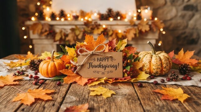 Festive thanksgiving day table setting with pumpkins and autumn foliage