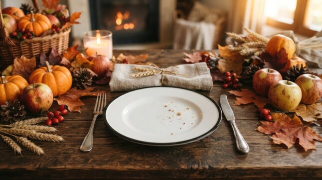 Festive thanksgiving day table setting with pumpkins and autumn decor