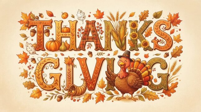 Festive thanksgiving day typography with turkey and autumn harvest elements