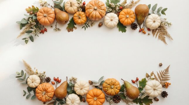 Thanksgiving day frame pumpkins pears autumn foliage on white background
