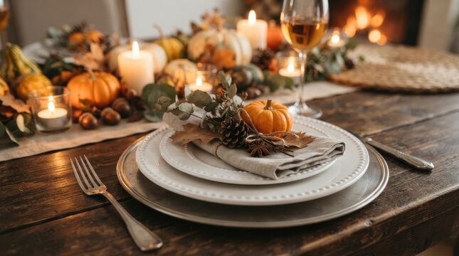 Festive thanksgiving day table setting with pumpkins and autumn decor