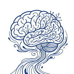Fototapeta premium Blue Line Art Illustration of Human Brain with Tree Roots Concept for Cognitive Growth and Mental Wellness