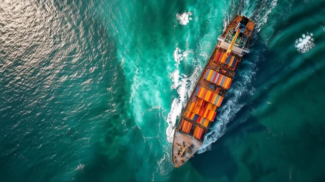 Aerial view of a large cargo ship navigating through turquoise waters. The ship is loaded with colorful containers, creating a striking contrast against the sea.