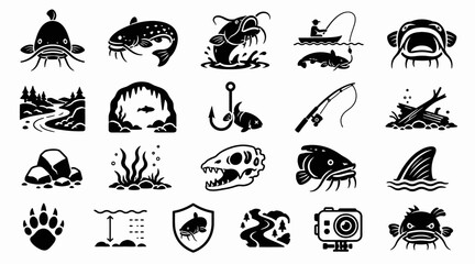 Black and white icons of sea creatures and fishing elements. © joni