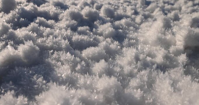 Winter frost crystals in the snow, bunches of frost crystals densely cover the cold ground on a clear frosty day