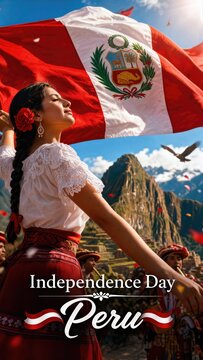 Young woman in traditional Peruvian dress holding waving national flag of Peru. Celebration of Independence Day near Machu Picchu. Symbol of national pride, culture and heritage.