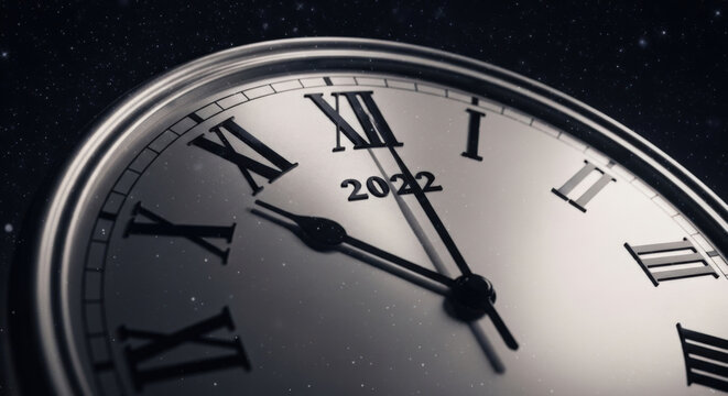 Close up on clock face showing year 2022 approaching midnight on new years eve with stars in background concept for celebration countdown and future.