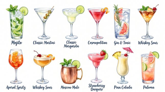 Colorful citrus cocktails with fresh fruit garnishes on display. Vibrant mixed drinks featuring lime, orange, and mint for bars and menus.