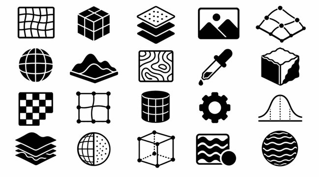 Collection of geometric and mathematical icons in black.