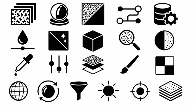 Black and white icon set of various symbols and objects.