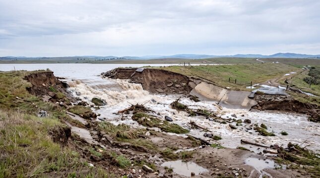 Dam failure and catastrophic flooding with broken infrastructure and rushing water