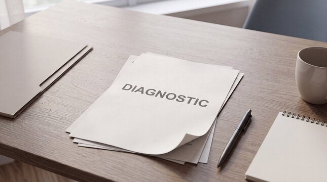 Diagnostic document stack on a wooden office desk with pen and mug