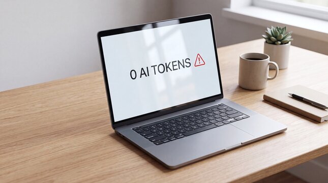 Laptop on a wooden desk showing text 0 AI tokens and a warning sign on the screen